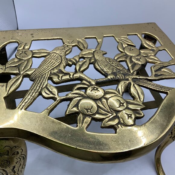Brass Metal Vintage Gold Finish Footrest Kettle Stand Birds of Paradise - Picture 2 of 10